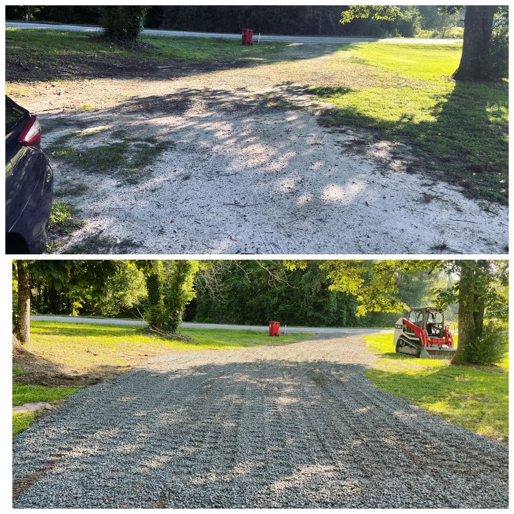 Before and after images of a gravel driveway renovation in a landscaped area.