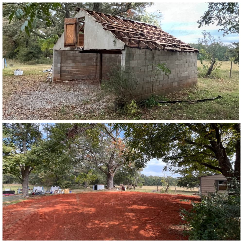 Renovating an old building with a new red gravel landscape in a rural setting.