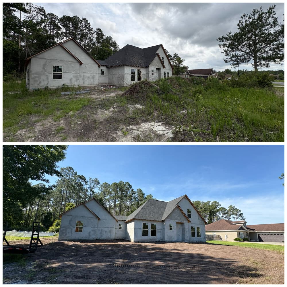 Before and after comparison of a house renovation, showcasing landscaping and exterior changes.