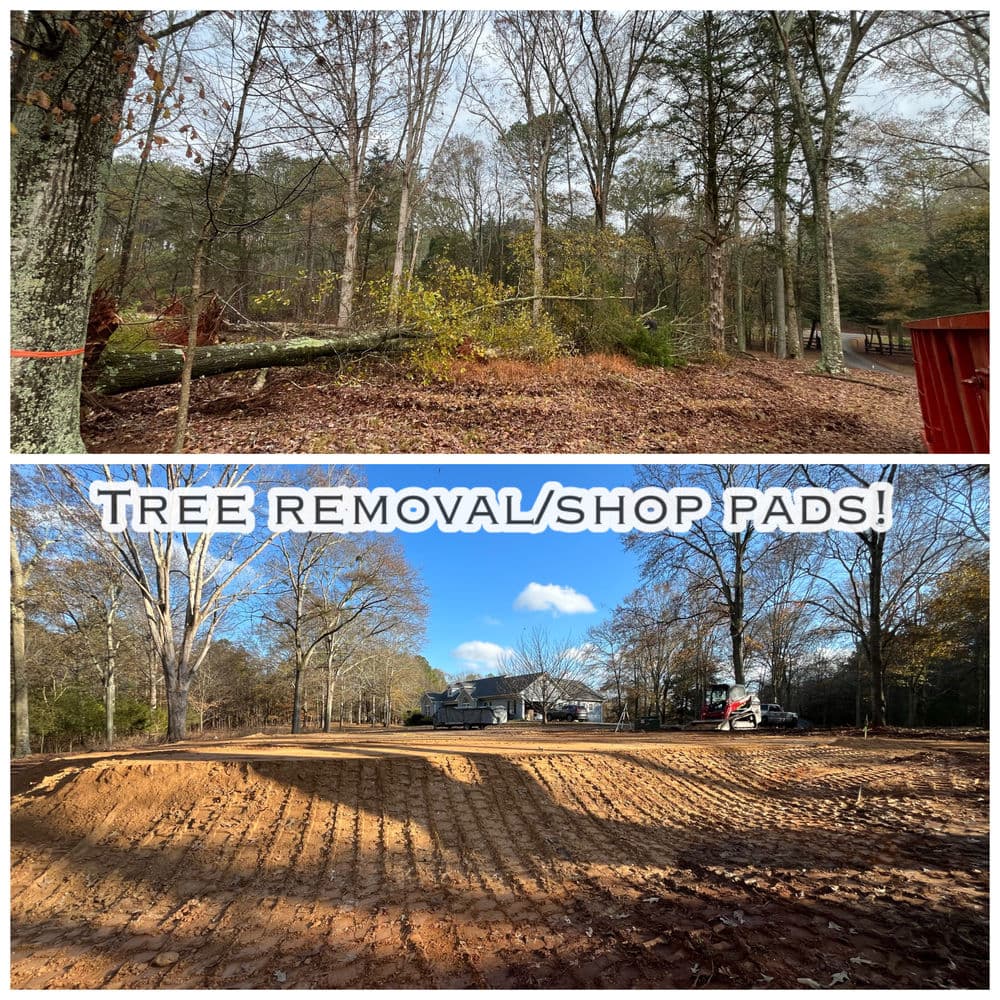 Tree removal and land preparation for shop pads in a forested area.
