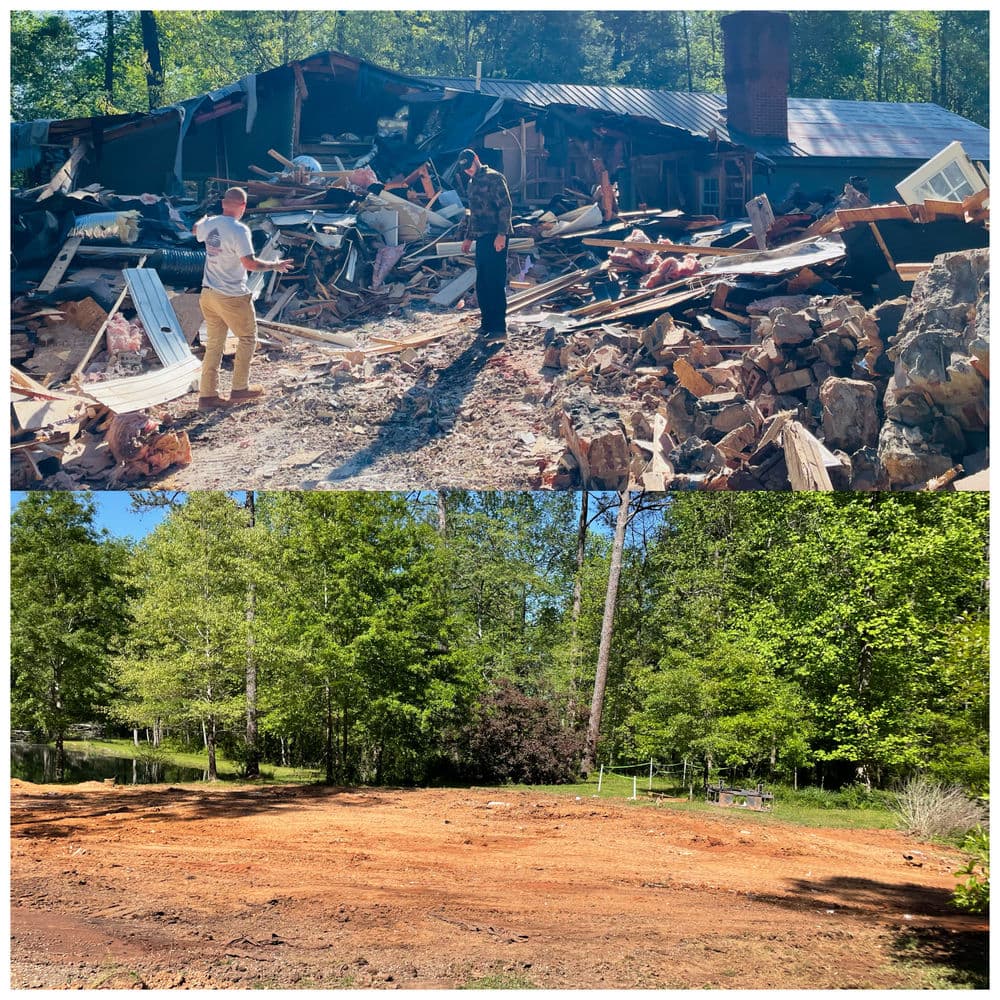 Before and after images of a house demolition site, showcasing debris and cleared land.