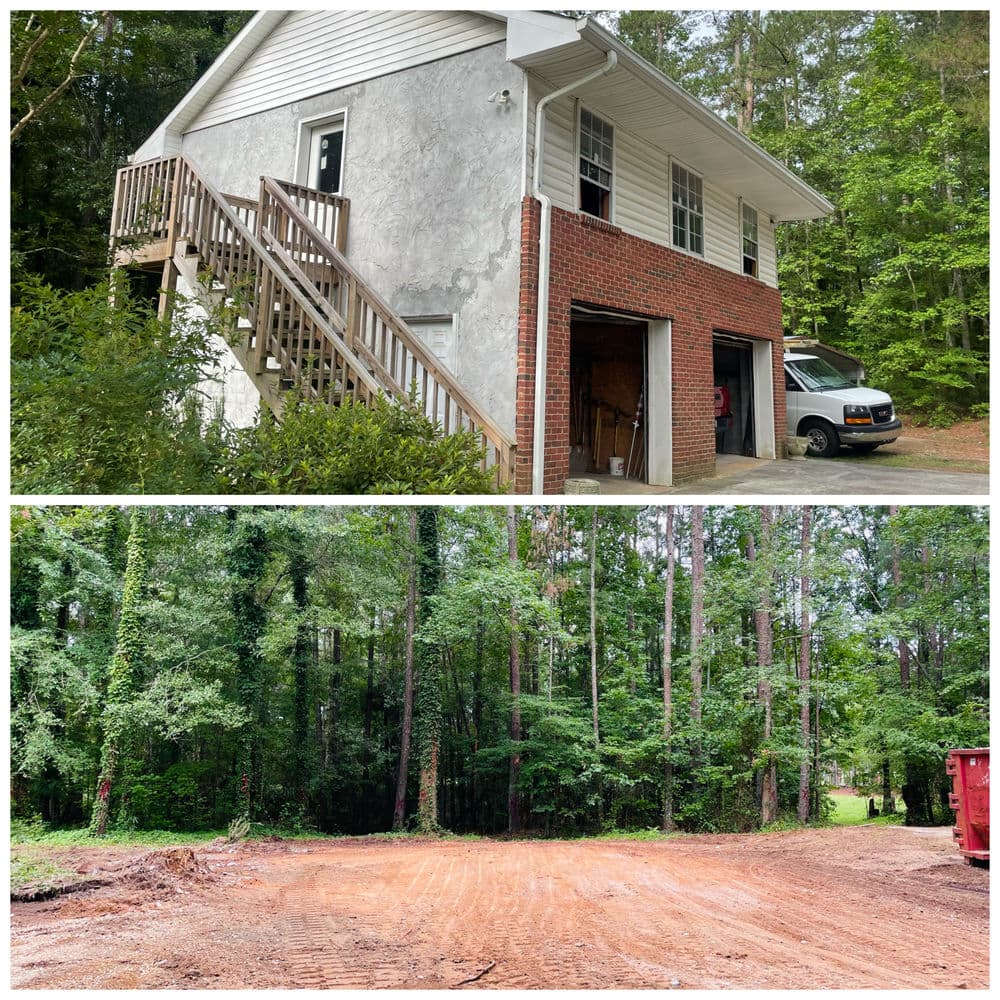 Two-story house with stairs and garage, surrounded by dense woodland clearing.