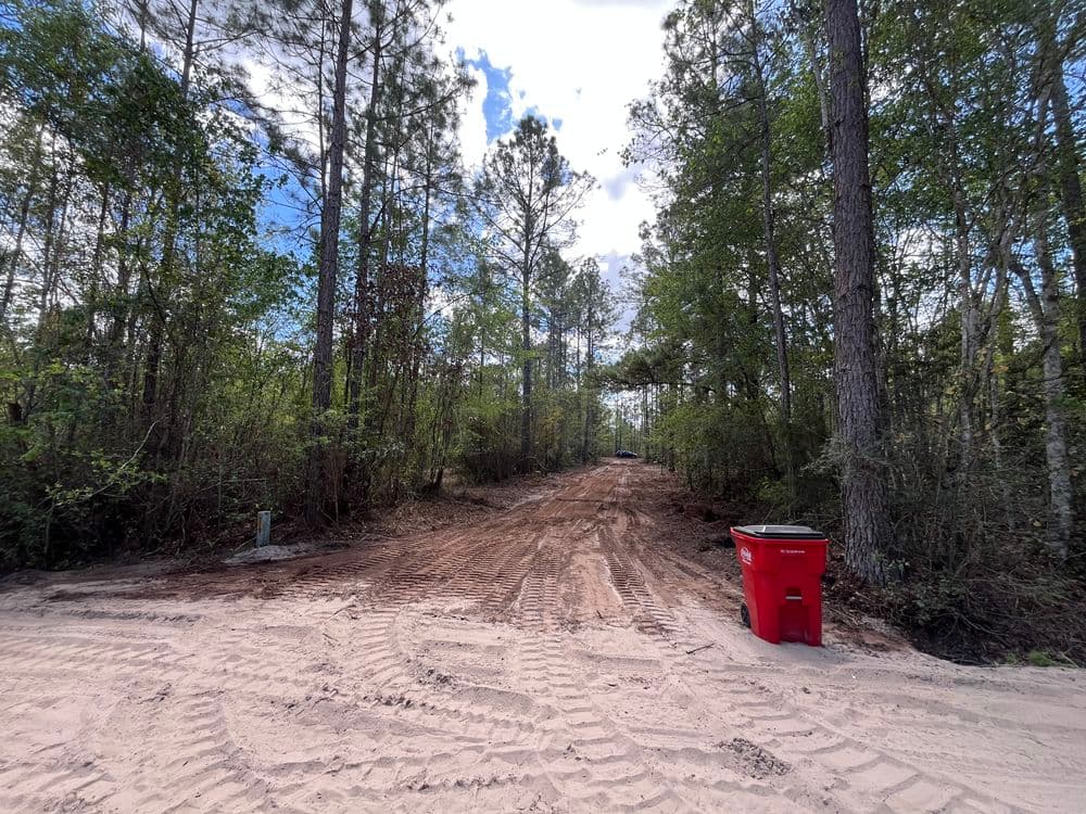 Dirt road lined with trees and a red trash bin in a forested area.