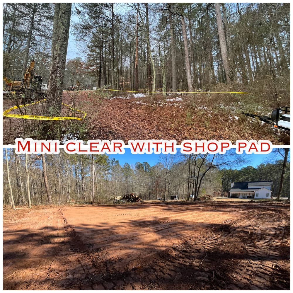Before and after of a mini clearing project with a prepared shop pad in a wooded area.