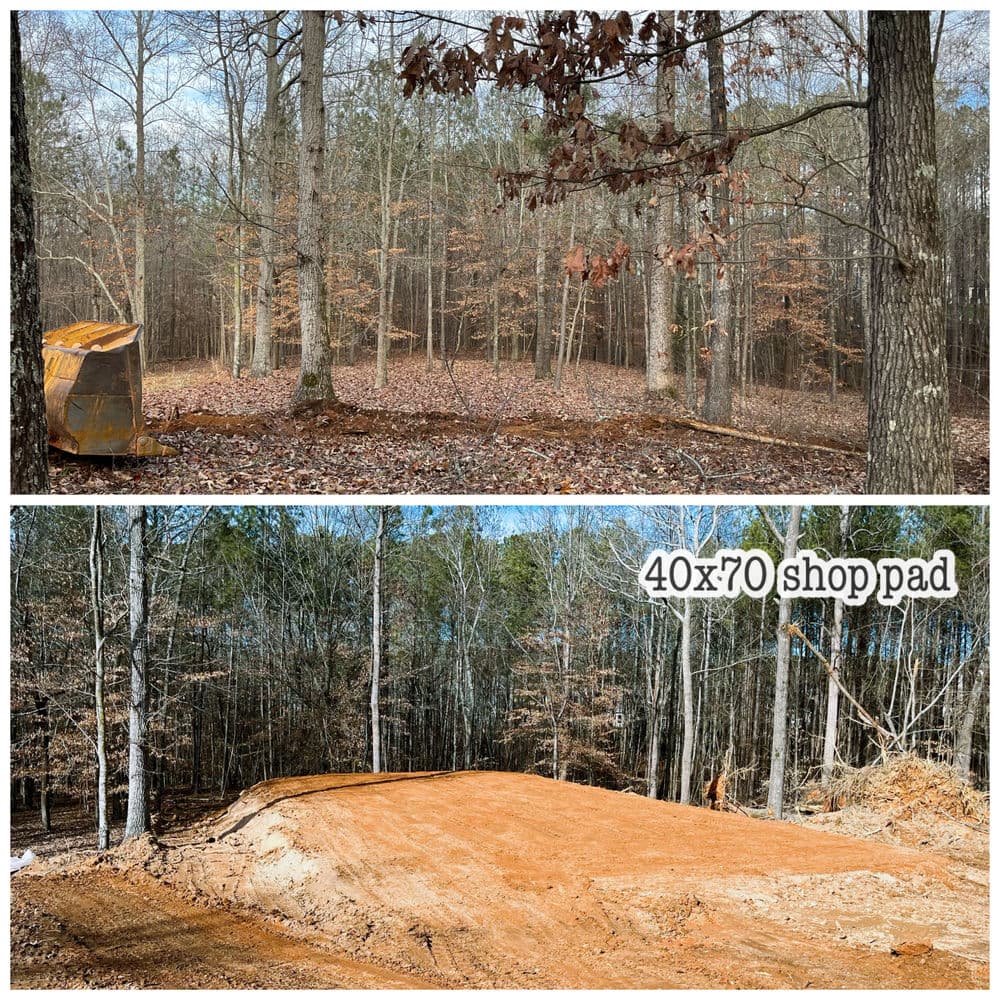 Before and after transformation of a wooded area into a 40x70 shop pad clearing.