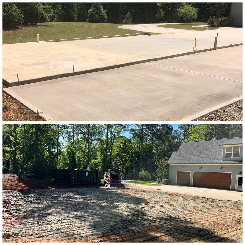 Concrete driveway installation before and after transformation in a residential area.