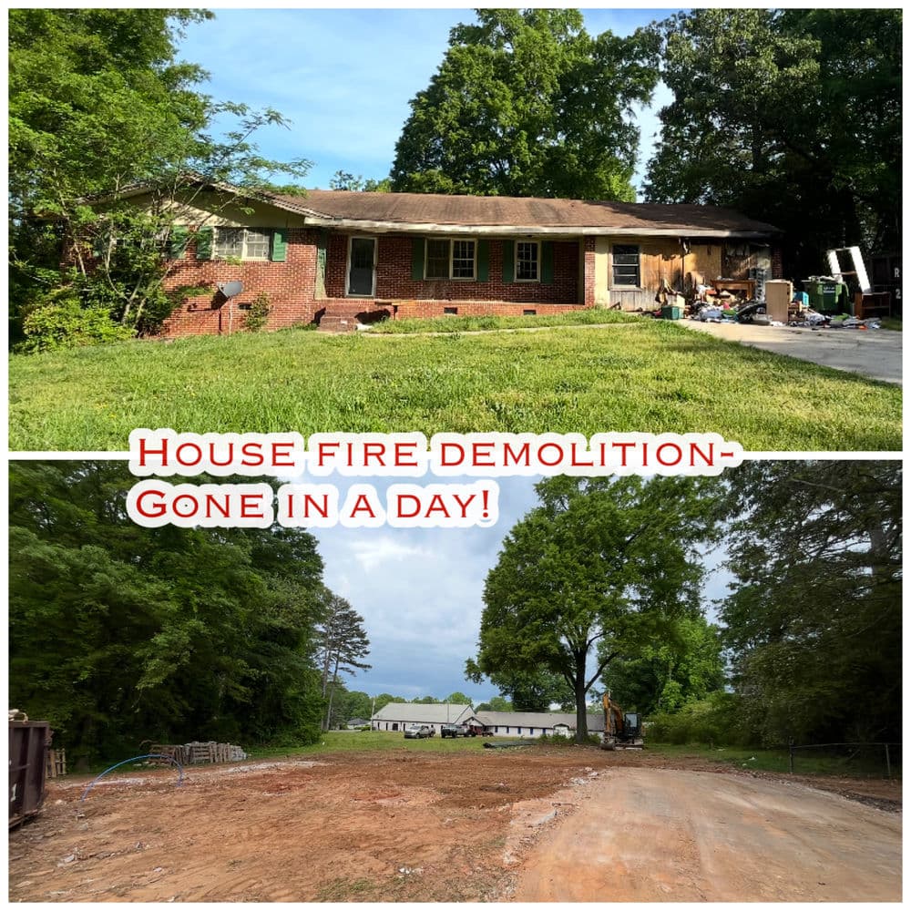 Demolition of house after fire, showing before and after transformation in one day.