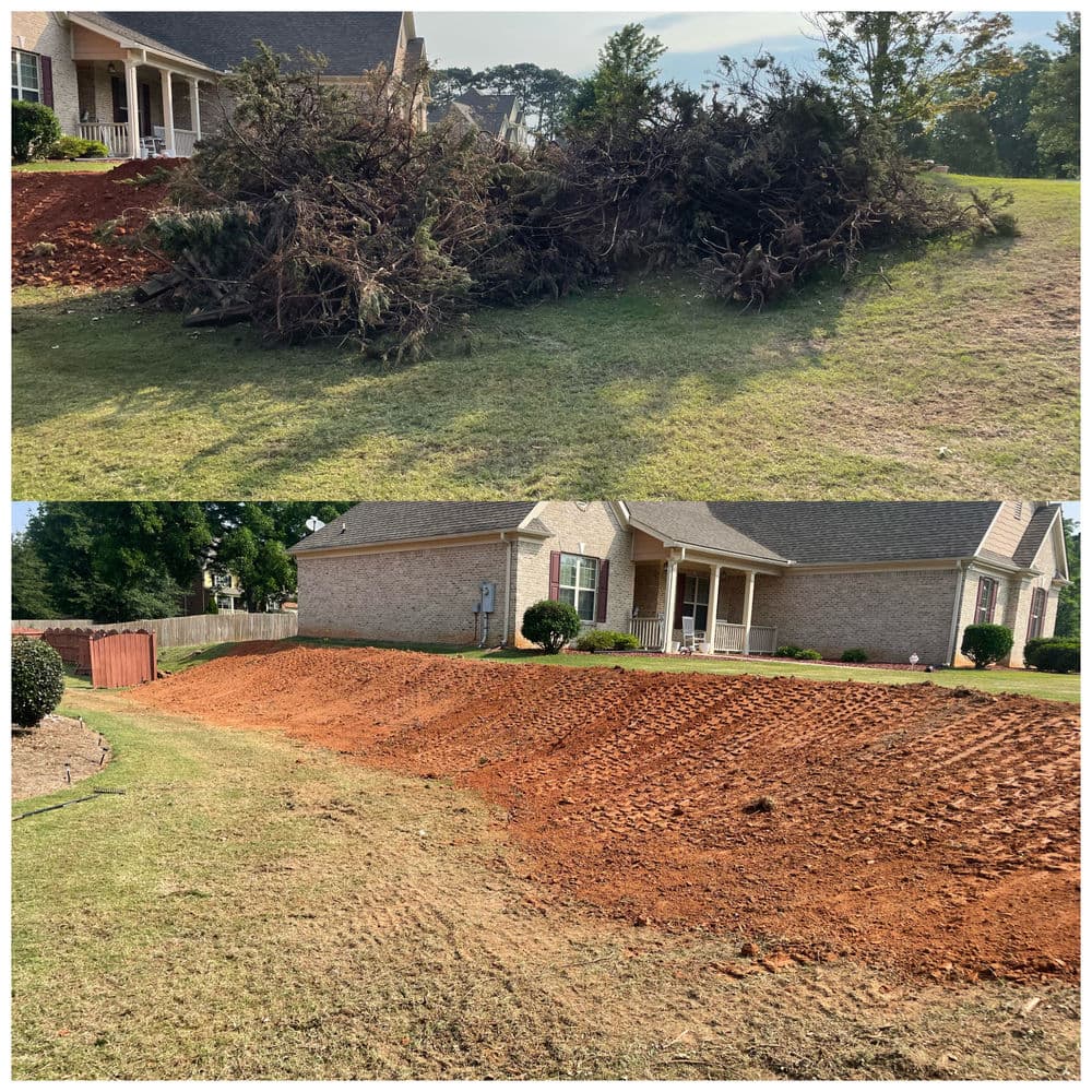 Before and after landscaping transformation: cleared brush and leveled soil for home improvement.