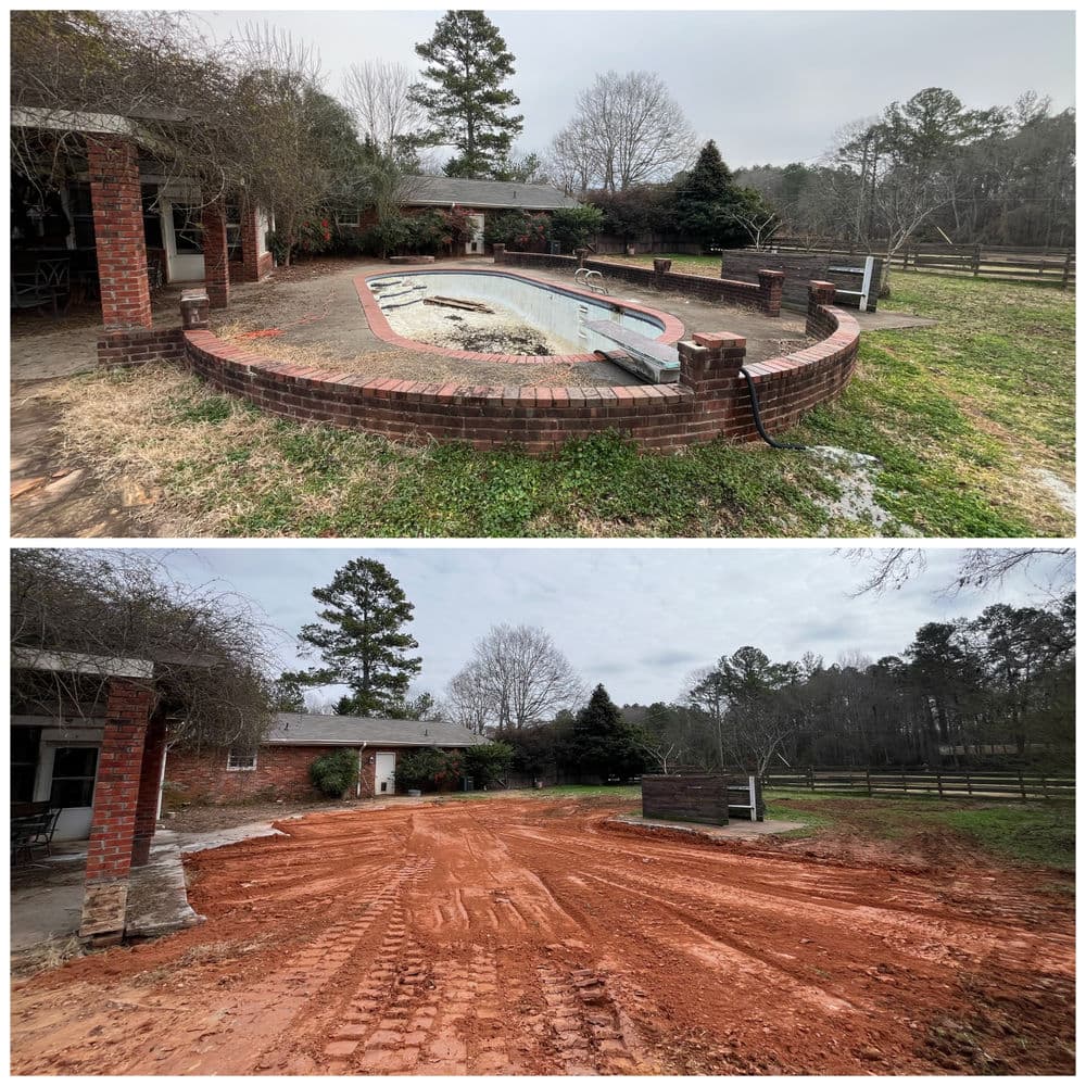 Renovation before and after: empty pool area transformed into driveway with landscaping.