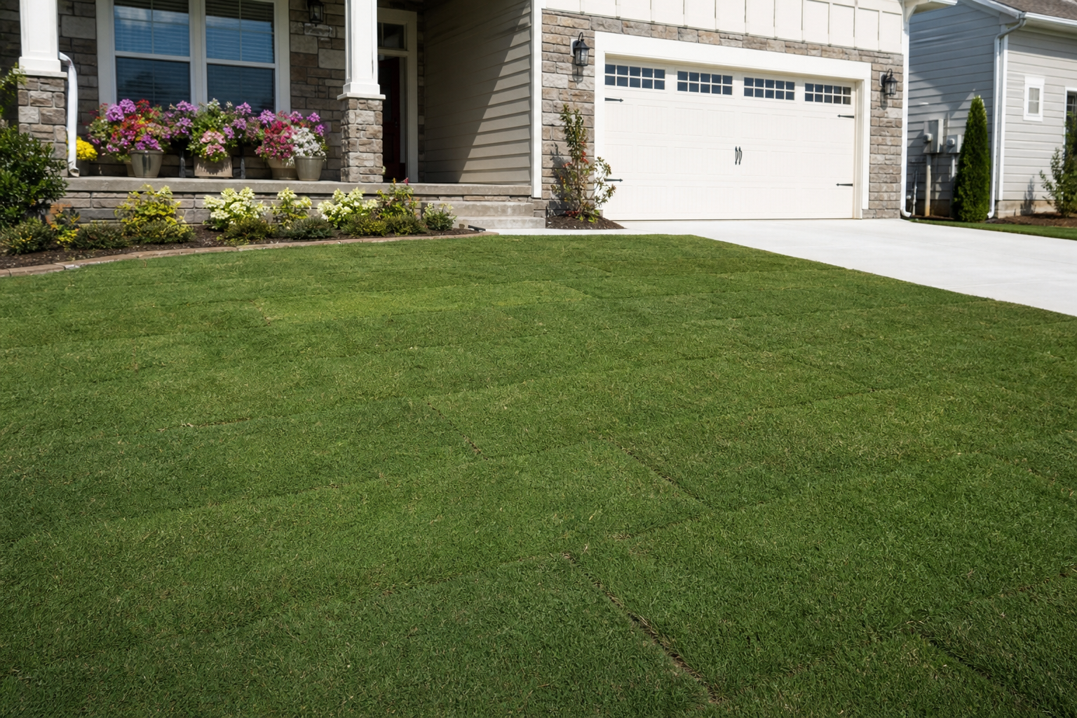Freshly installed green sod lawn