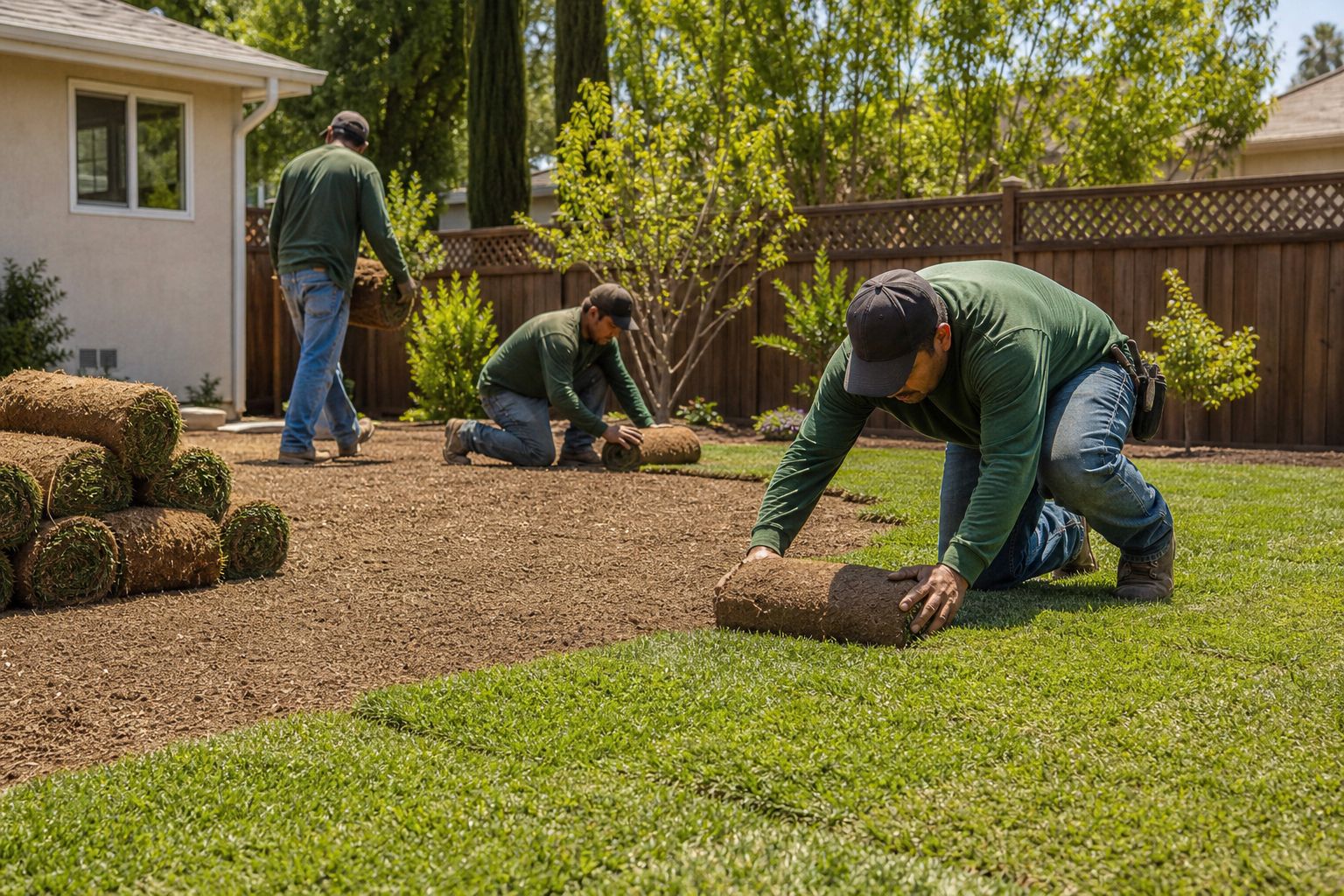 Landscaping crew laying fresh sod rolls on prepped soil